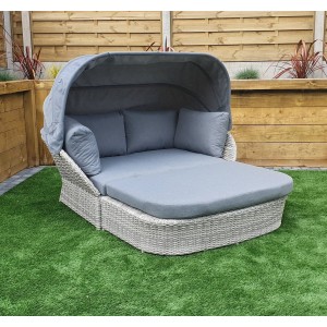 Signature Weave Garden Furniture Meghan Grey Rattan Daybed with Canopy Hood Signature Weave Garden Furniture Meghan Grey Rattan Daybed with Canopy Hood