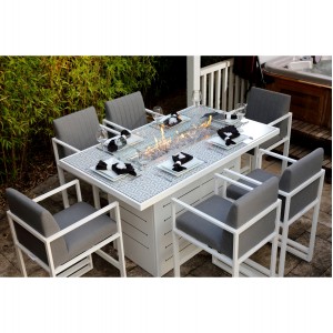 Mambo Garden Furniture Santorini White 6 Seat Rectangular Fire Pit Bar Set with Metal Arms