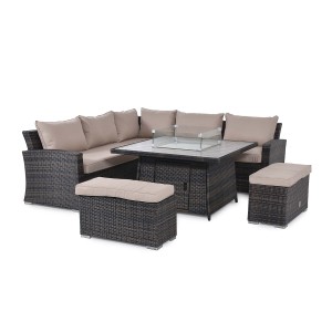 Maze Rattan Garden Furniture Kingston Brown Deluxe Corner Dining Set with Fire Pit Table FLA-107080-FP Maze Rattan Garden Furniture Kingston Brown Deluxe Corner Dining Set with Fire Pit Table