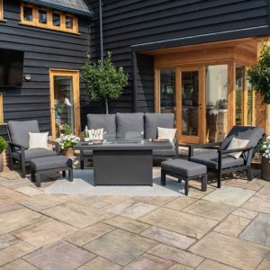 Maze Lounge Outdoor Fabric Manhattan Charcoal Reclining 3 Seat Sofa Set with Fire Pit Table & Footstools Maze Lounge Outdoor Fabric Manhattan Charcoal Reclining 3 Seat Sofa Set with Fire Pit Table & Footstools