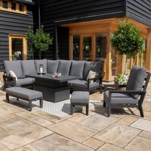 Maze Lounge Outdoor Fabric Manhattan Charcoal Reclining Corner Dining Set with Rising Table and Armchair Maze Lounge Outdoor Fabric Manhattan Charcoal Reclining Corner Dining Set with Rising Table and Armchair