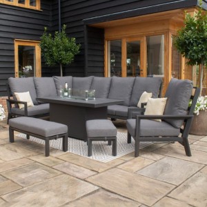 Maze Lounge Outdoor Fabric Manhattan Charcoal Reclining Corner Dining Set with Fire Pit Table & Armchair Maze Lounge Outdoor Fabric Manhattan Charcoal Reclining Corner Dining Set with Fire Pit Table & Armchair