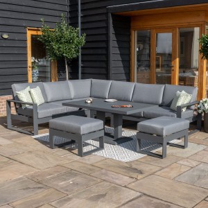 Maze Lounge Outdoor Amalfi Aluminium Grey Large Corner Dining Set with Rectangular Rising Table and Footstools