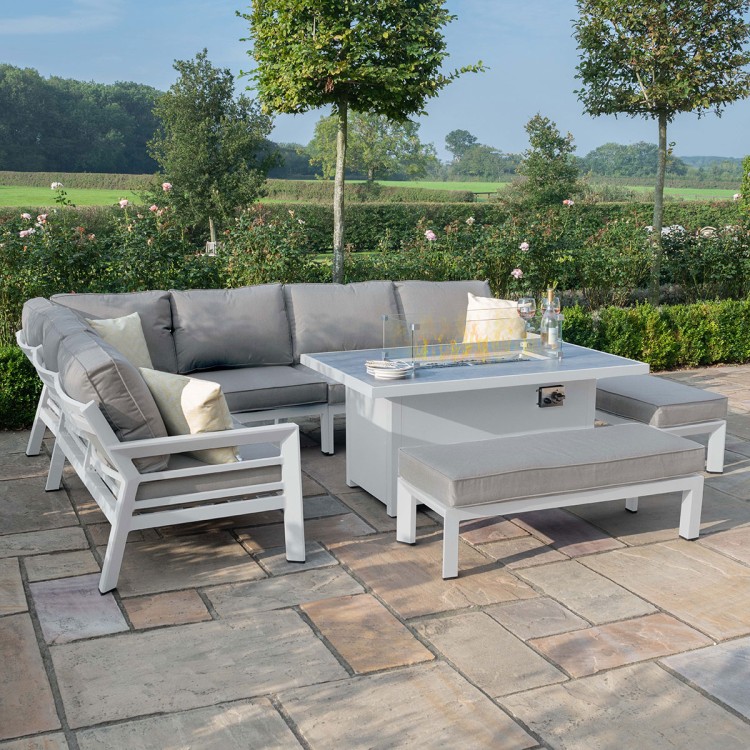 Maze Lounge Outdoor New York Aluminium White Corner Dining Set With Fire Pit Table
