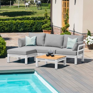 Maze Lounge Outdoor Oslo Aluminium White Chaise Sofa Set with Teak Coffee Table