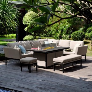 Maze Lounge Outdoor Fabric Pulse Taupe Left Handed Rectangular Corner Dining Set with Fire Pit Table FB-PUL-RCD-FPT-L-TP Maze Lounge Outdoor Fabric Pulse Taupe Left Handed Rectangular Corner Dining Set with Fire Pit Table