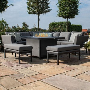 Maze Lounge Outdoor Fabric Pulse FlanelleÂ Deluxe Square Corner Dining Set with Fire Pit Table
