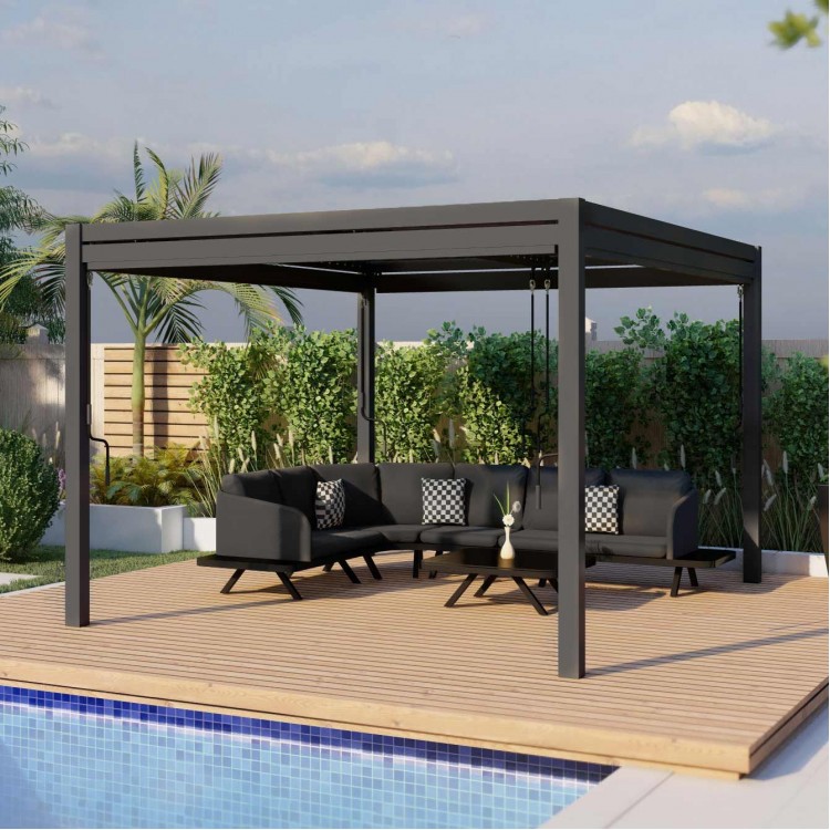 Maze Lounge Outdoor Furniture Grey 3m Square Aluminium Pergola with 4 Drop Sides