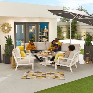 Nova Garden Furniture Vogue White Frame Corner Dining Sofa Set with Rising Table and 2 Lounge Chairs Nova Garden Furniture Vogue White Frame Corner Dining Sofa Set with Rising Table and 2 Lounge Chairs