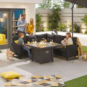 Nova Outdoor Fabric Eclipse Dark Grey Compact Corner Dining Set with Firepit Table Nova Outdoor Fabric Eclipse Dark Grey Compact Corner Dining Set with Firepit Table