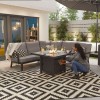 Nova Outdoor Fabric Vogue Grey Frame Aluminium Corner Dining Set with Firepit Table and Armchair and Bench