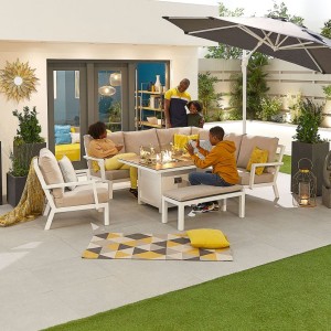 Nova Outdoor Fabric Vogue White Frame Aluminium Corner Dining Set with Firepit Table and Armchair and Bench Nova Outdoor Fabric Vogue White Frame Aluminium Corner Dining Set with Firepit Table and Armchair and Bench