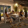 Nova Outdoor Fabric Vogue White Frame Aluminium Corner Dining Set with Firepit Table and Armchair and Bench