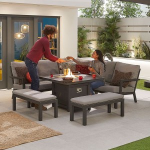 Nova Outdoor Fabric Vogue Grey Frame Aluminium Corner Dining Set with Firepit Table and Benches Nova Outdoor Fabric Vogue Grey Frame Aluminium Corner Dining Set with Firepit Table and Benches