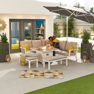 Nova Outdoor Fabric Vogue White Frame Aluminium Corner Dining Set with Firepit Table and Benches Nova Outdoor Fabric Vogue White Frame Aluminium Corner Dining Set with Firepit Table and Benches