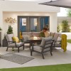 Nova Outdoor Fabric Vogue Grey Frame Aluminium Corner Dining Set with Firepit Table and Lounge Chairs