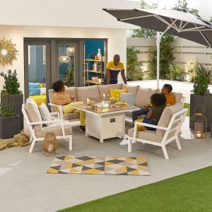 Nova Outdoor Fabric Vogue White Frame Aluminium Corner Dining Set with Firepit Table and Lounge Chairs Nova Outdoor Fabric Vogue White Frame Aluminium Corner Dining Set with Firepit Table and Lounge Chairs