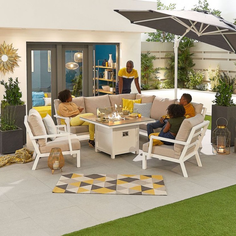 Nova Outdoor Fabric Vogue White Frame Aluminium Corner Dining Set with Firepit Table and Lounge Chairs