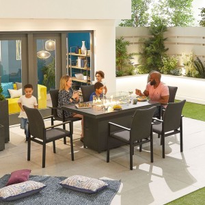Nova Outdoor Fabric Hugo Dark Grey 6 Seat Rectangular Dining Set with Firepit Nova Outdoor Fabric Hugo Dark Grey 6 Seat Rectangular Dining Set with Firepit