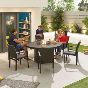 Nova Outdoor Fabric Hugo Dark Grey 6 Seat Round Dining Set with Firepit Nova Outdoor Fabric Hugo Dark Grey 6 Seat Round Dining Set with Firepit