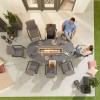 Nova Outdoor Fabric Hugo Light Grey 8 Seat Oval Dining Set with Firepit