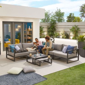 Nova Outdoor Fabric Alessandria Dark Grey Frame Aluminium Corner Sofa Set with Table and Stool Nova Outdoor Fabric Alessandria Dark Grey Frame Aluminium Corner Sofa Set with Table and Stool