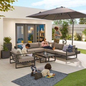 Nova Outdoor Fabric Alessandria Dark Grey Frame Aluminium Corner Sofa Set with Table and Armchair Nova Outdoor Fabric Alessandria Dark Grey Frame Aluminium Corner Sofa Set with Table and Armchair