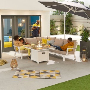 Nova Garden Furniture Vogue White Frame Corner Dining Set with Firepit Table Nova Garden Furniture Vogue White Frame Corner Dining Set with Firepit Table