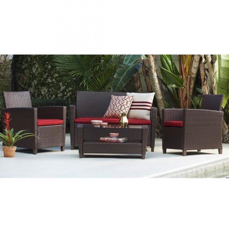 Cosco Outdoor Living Malmo Brown 4 Piece Resin Wicker Patio Deep Seating Conversation Set with Red Cushions