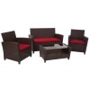Cosco Outdoor Living Malmo Brown 4 Piece Resin Wicker Patio Deep Seating Conversation Set with Red Cushions