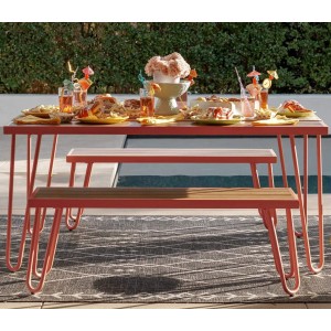 Novogratz Furniture Paulette Red Outdoor/Indoor 5' Metal Frame Resin Wood Effect Top Table and Bench Set Novogratz Furniture Paulette Red Outdoor/Indoor 5' Metal Frame Resin Wood Effect Top Table and Bench Set