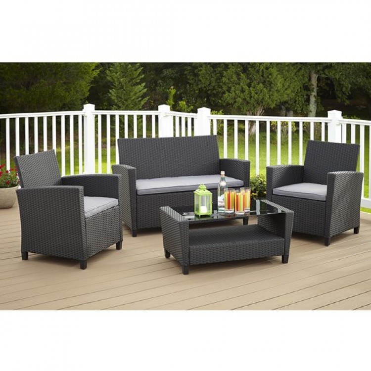 Cosco Outdoor Living Malmo Black 4 Piece Resin Wicker Patio Deep Seating Conversation Set with Grey Cushions