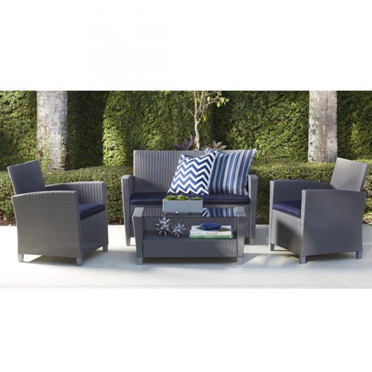 Cosco Outdoor Living Malmo Grey 4 Piece Resin Wicker Patio Deep Seating Conversation Set with Navy Cushions