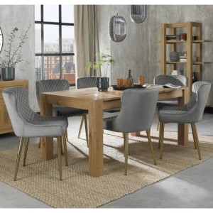 Bentley Designs Turin Light Oak 6-8 Seater Dining Table With 6 Cezanne Grey Velvet Matt Gold Plated Legs Chairs Bentley Designs Turin Light Oak 6-8 Seater Dining Table With 6 Cezanne Grey Velvet Matt Gold Plated Legs Chairs