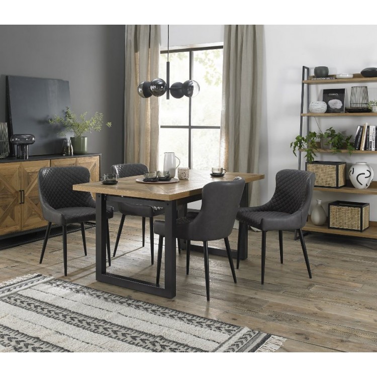 Bentley Designs Indus Rustic Oak 4-6 Seater Dining Table With 4 Cezanne Dark Grey Faux Leather Chairs