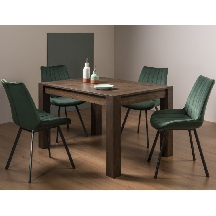 Bentley Designs Turin Dark Oak 4 to 6 Seater Rectangular Dining Table With 4 Fontana Green Velvet Fabric Chairs
