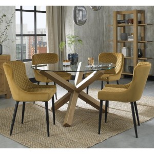 Bentley Designs Turin Clear Tempered Glass 4 Seater Light Oak Legs Dining Table With 4 Cezanne Mustard Velvet Fabric Chairs Bentley Designs Turin Clear Tempered Glass 4 Seater Light Oak Legs Dining Table With 4 Cezanne Mustard Velvet Fabric Chairs