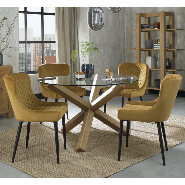 Bentley Designs Turin Clear Tempered Glass 4 Seater Light Oak Legs Dining Table With 4 Cezanne Mustard Velvet Fabric Chairs