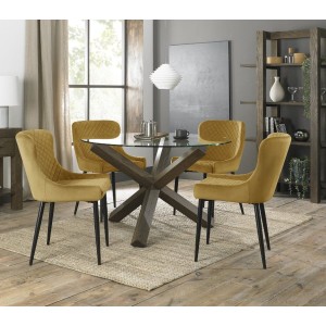 Bentley Designs Turin Clear Tempered Glass 4 Seater Dark Oak Legs Dining Table With 4 Cezanne Mustard Velvet Fabric Chairs Bentley Designs Turin Clear Tempered Glass 4 Seater Dark Oak Legs Dining Table With 4 Cezanne Mustard Velvet Fabric Chairs