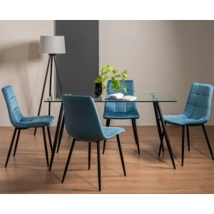 Bentley Designs Martini Clear Tempered Glass 6 Seater Dining Table With 4 Mondrian Petrol Blue Velvet Fabric Chairs Bentley Designs Martini Clear Tempered Glass 6 Seater Dining Table With 4 Mondrian Petrol Blue Velvet Fabric Chairs