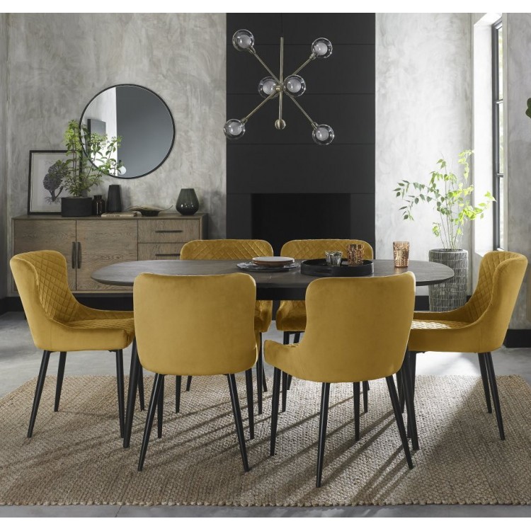 Bentley Designs Vintage Weathered Oak 6-8 Seater Dining Table with 6 Cezanne Mustard Velvet Fabric Chairs