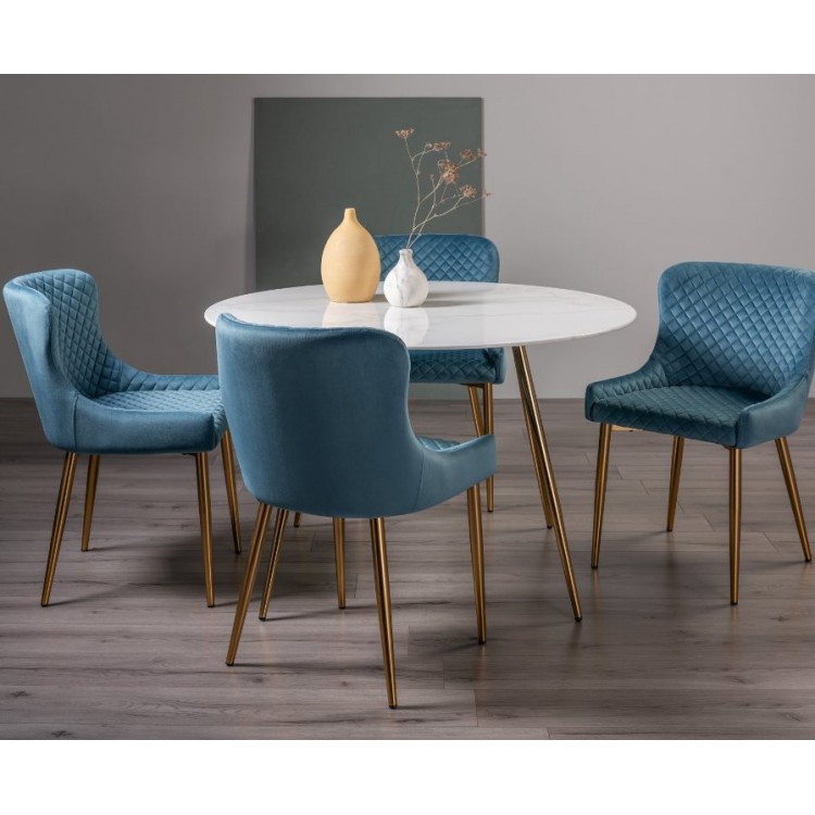 Bentley Designs Francesca White Marble Effect Tempered Glass 4 Seater Dining Table With 4 Cezanne Petrol Blue Velvet Fabric Chairs