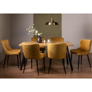 Bentley Designs Ramsay Rustic Oak Effect Melamine 6 Seater Dining Table with 6 Cezanne Mustard Velvet Fabric Chairs Bentley Designs Ramsay Rustic Oak Effect Melamine 6 Seater Dining Table with 6 Cezanne Mustard Velvet Fabric Chairs
