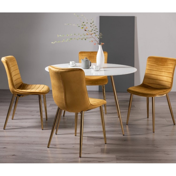 Bentley Designs Francesca White Marble Effect Tempered Glass 4 seater Dining Table With 4 Rothko Mustard Velvet Fabric Chairs