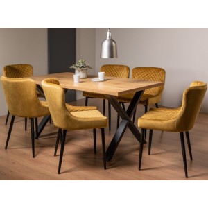 Bentley Designs Ramsay Rustic Oak Effect Melamine 6 Seater X Leg Dining Table With 6 Cezanne Mustard Velvet Fabric Chairs Bentley Designs Ramsay Rustic Oak Effect Melamine 6 Seater X Leg Dining Table With 6 Cezanne Mustard Velvet Fabric Chairs