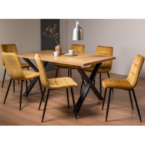 Bentley Designs Ramsay Rustic Oak Effect Melamine 6 Seater X Leg Dining Table With 6 Mondrian Mustard Velvet Fabric Chairs Bentley Designs Ramsay Rustic Oak Effect Melamine 6 Seater X Leg Dining Table With 6 Mondrian Mustard Velvet Fabric Chairs