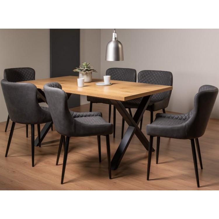 Bentley Designs Ramsay Rustic Oak Effect Melamine 6 Seater X Leg Dining Table With 6 Cezanne Dark Grey Faux Leather Chairs