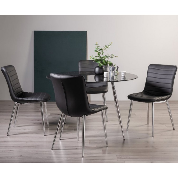 Bentley Designs Christo Black Marble Effect Tempered Glass 4 Seater Table With 4 Rothko Black Faux Leather Chairs