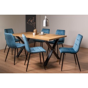 Bentley Designs Ramsay Rustic Oak Effect Melamine 6 Seater X Leg Dining Table With 6 Mondrian Petrol Blue Velvet Fabric Chairs Bentley Designs Ramsay Rustic Oak Effect Melamine 6 Seater X Leg Dining Table With 6 Mondrian Petrol Blue Velvet Fabric Chairs