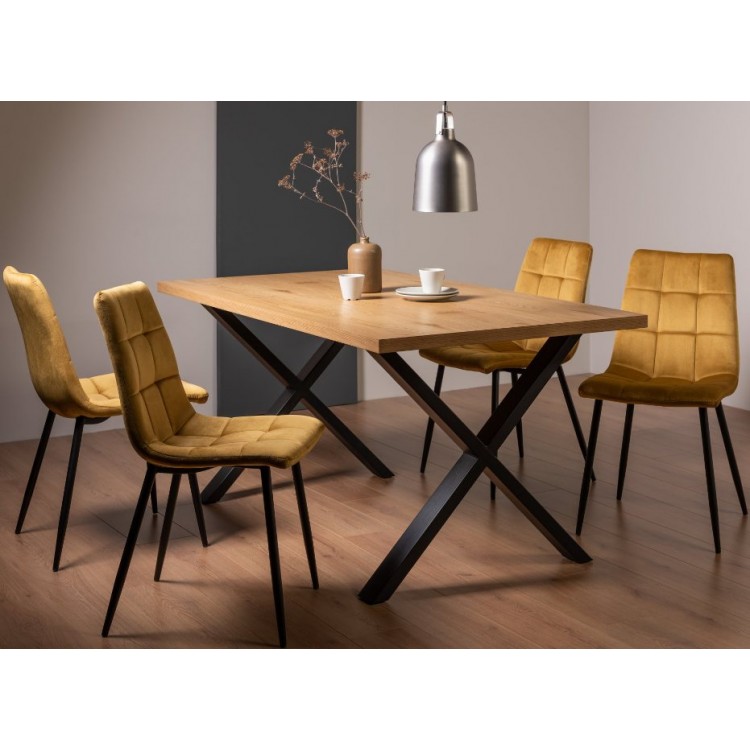 Bentley Designs Ramsay Rustic Oak Effect Melamine 6 Seater X Leg Dining Table With 4 Mondrian Mustard Velvet Fabric Chairs